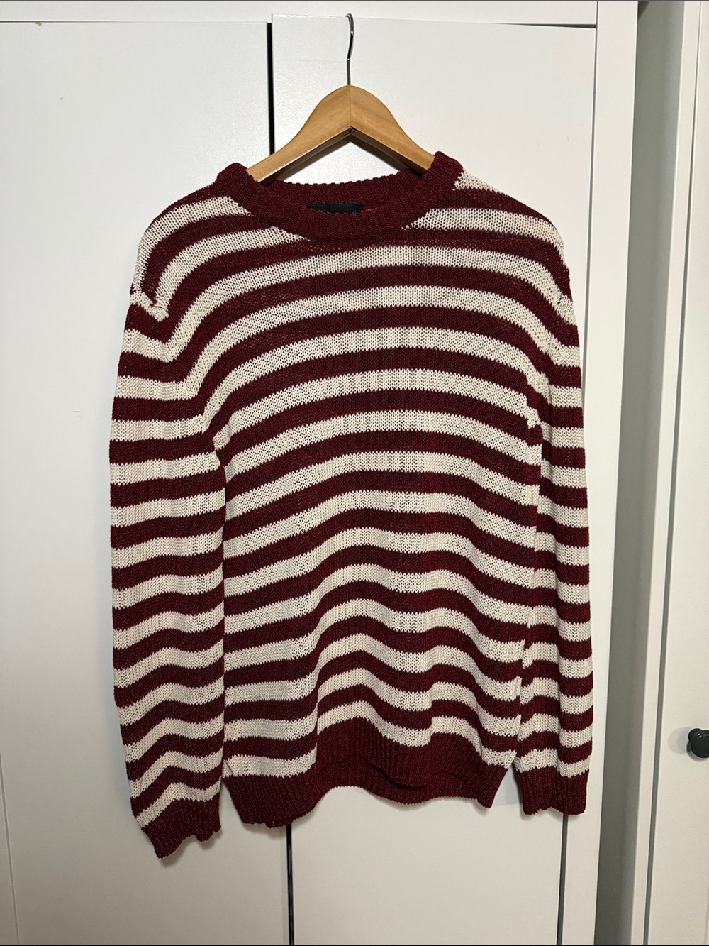 Zara Women's Burgundy and Cream Striped Crewneck Sweater
